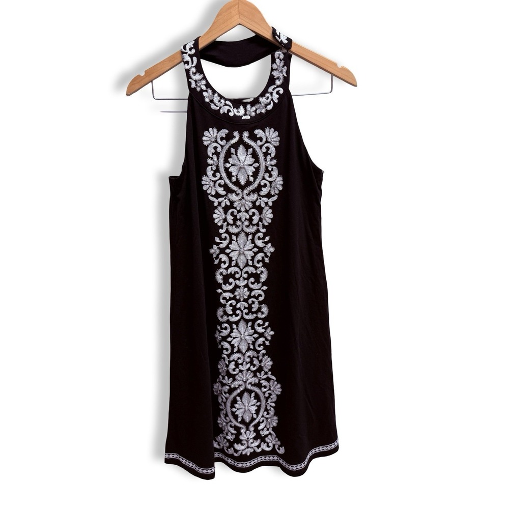 INC International Concepts Black Embroidered Beaded Halter Dress Sz M AS IS